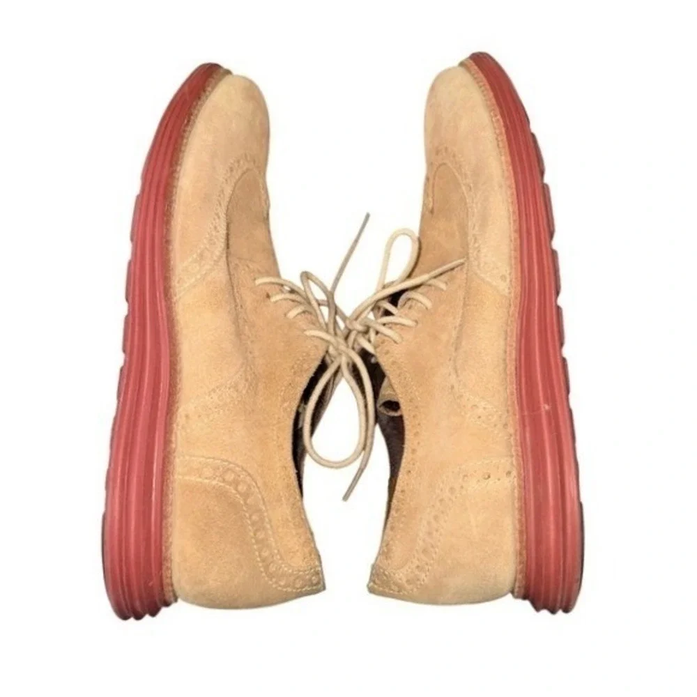 Cole Haan LunarGrand Oxford Mens 8M Pre-Owned Wingtip‎ Tan Suede Red Dress Shoes